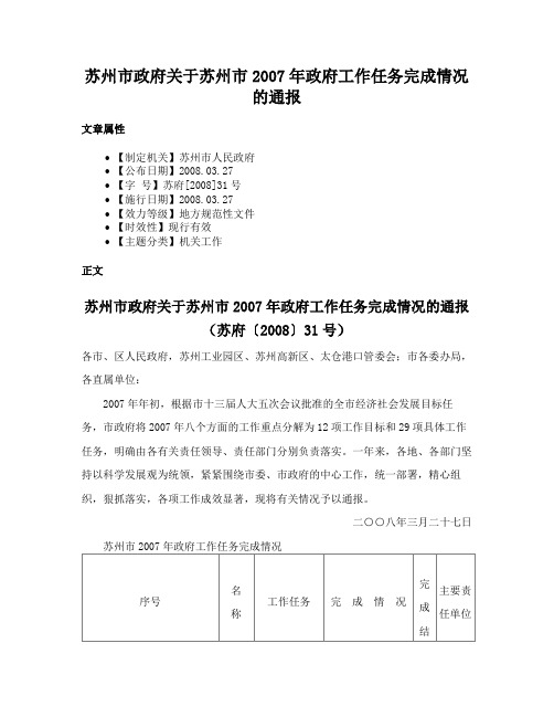 苏州市政府关于苏州市2007年政府工作任务完成情况的通报