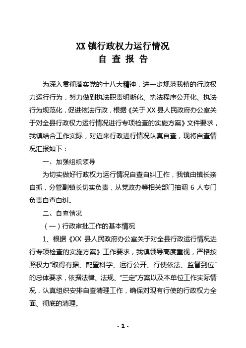 XX镇行政权力运行情况自查报告