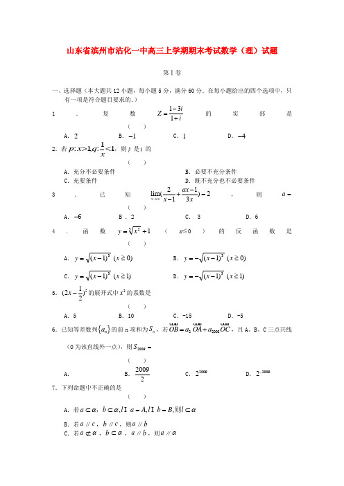 山东省滨州市沾化一中高三数学上学期期末考试试题 理