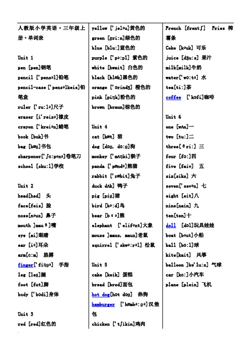 人教版小学英语·(三年级起点)单词表(带音标)