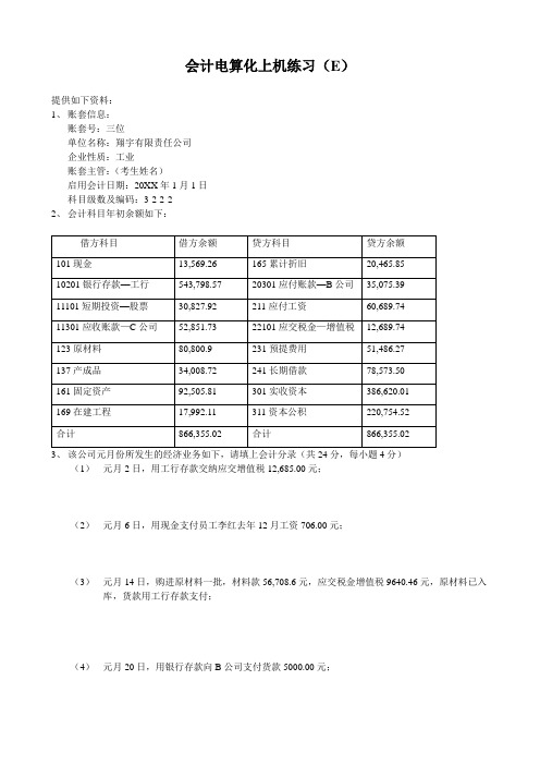 会计电算化上机考试模拟练习题E