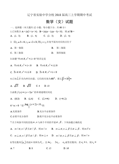 辽宁省实验中学分校2018届高三上学期期中考试数学(文)试卷及答案