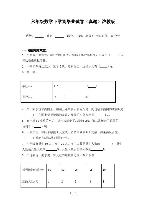 六年级数学下学期毕业试卷(真题)沪教版