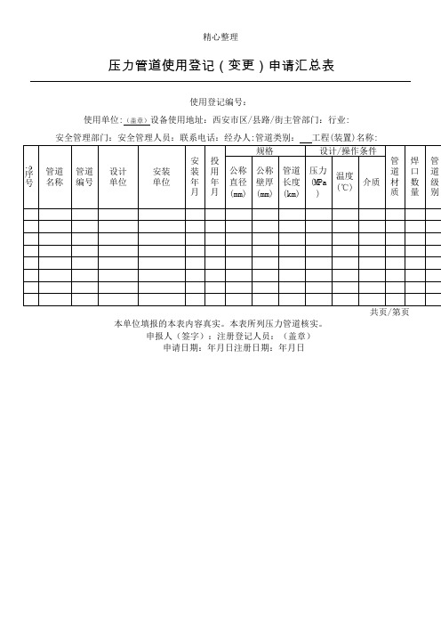 压力管道使用登记汇总表格模板及填写说明