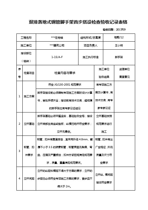 落地式钢管脚手架首步搭设检查验收表格