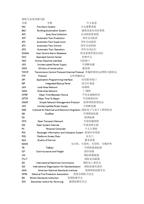 轨道交通行业常用中文缩写对照表