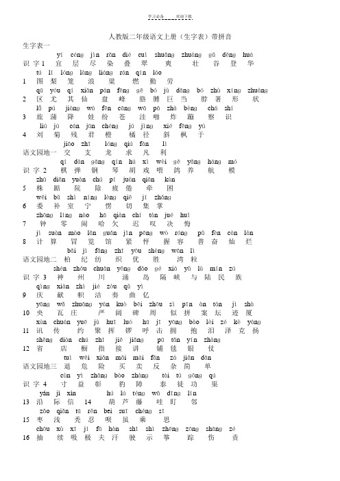 人教版二年级语文上册(生字表)带拼音