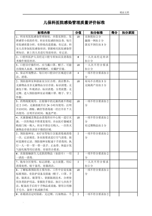 儿保科医院感染管理质量评价标准