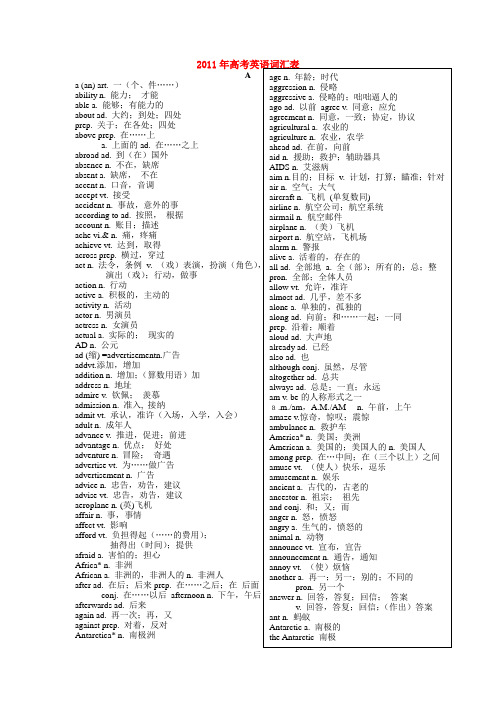 2011年高考大纲英语词汇表