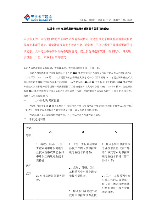 2015年江苏省职称英语考试报名时间等有关事项的通知