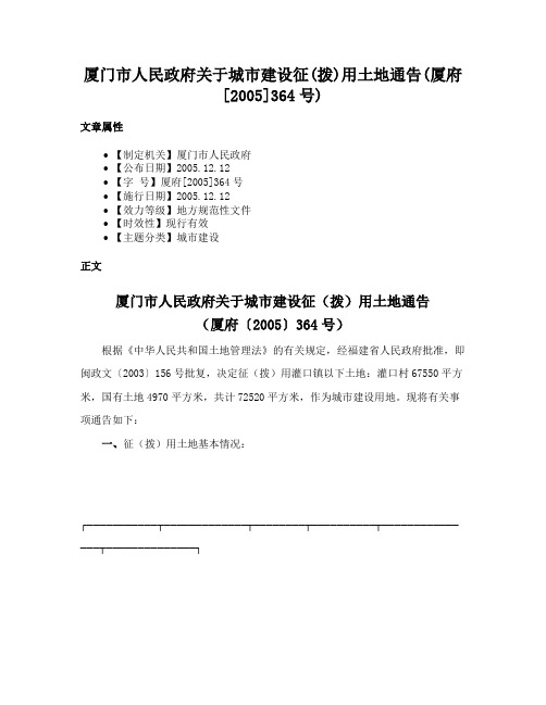 厦门市人民政府关于城市建设征(拨)用土地通告(厦府[2005]364号)