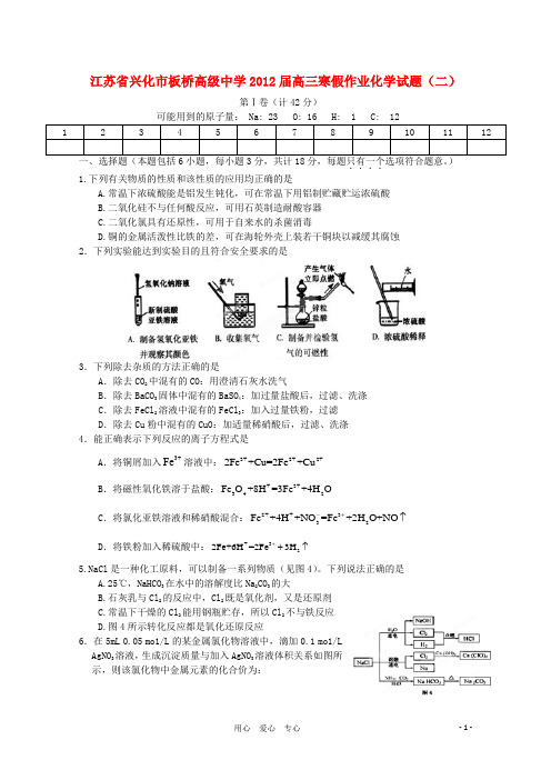 江苏省兴化市板桥高级中学高三化学寒假作业试题(二)