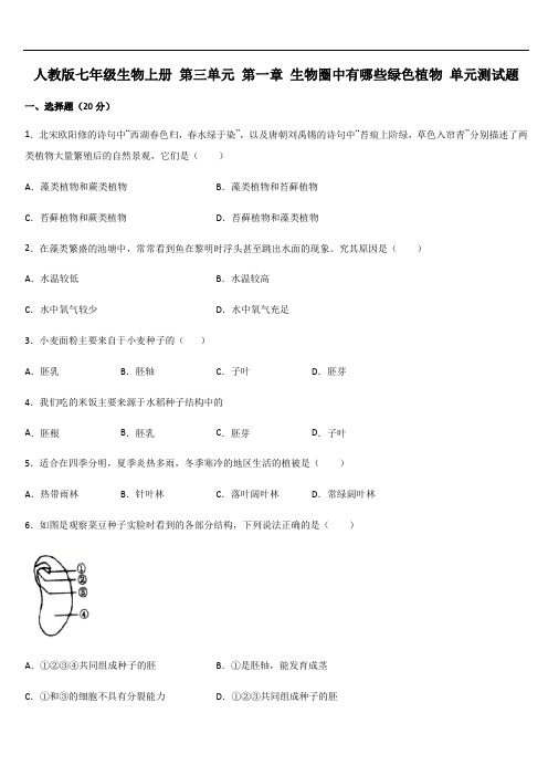 人教版七年级生物上册 第三单元 第一章 生物圈中有哪些绿色植物 单元测试题