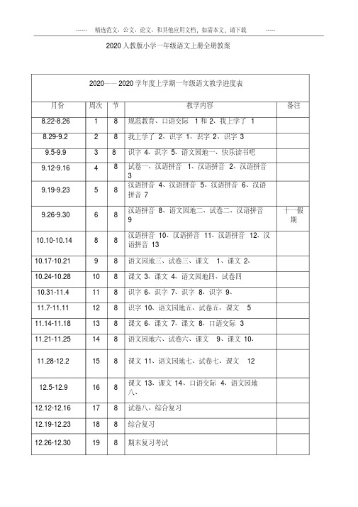 2020人教版小学一年级语文上册全册教案