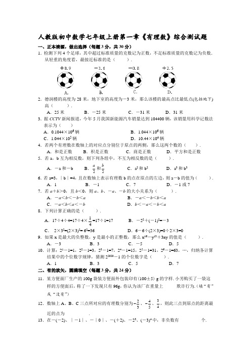 人教版初中数学七年级上册第一章《有理数》综合测试题含答案