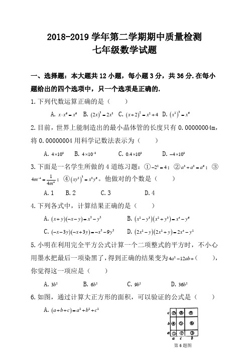 2018-2019学年第二学期期中质量检测七年级数学试题及答案