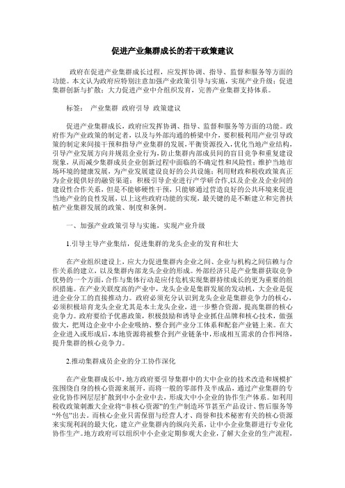 促进产业集群成长的若干政策建议