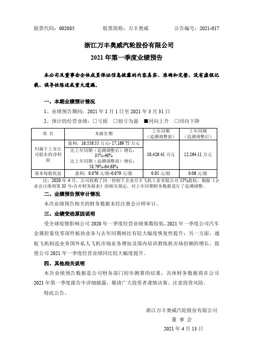 002085万丰奥威：2021年第一季度业绩预告