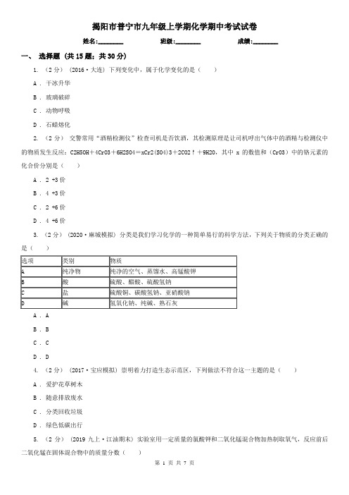 揭阳市普宁市九年级上学期化学期中考试试卷