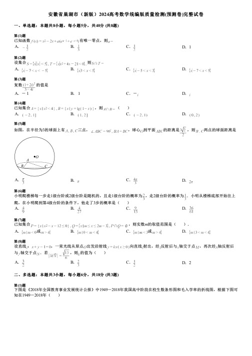 安徽省巢湖市(新版)2024高考数学统编版质量检测(预测卷)完整试卷