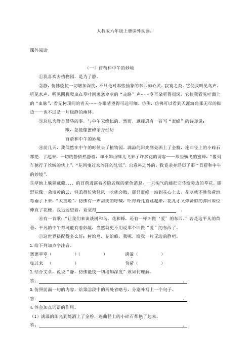 六年级语文上册课外阅读专项练习含答案