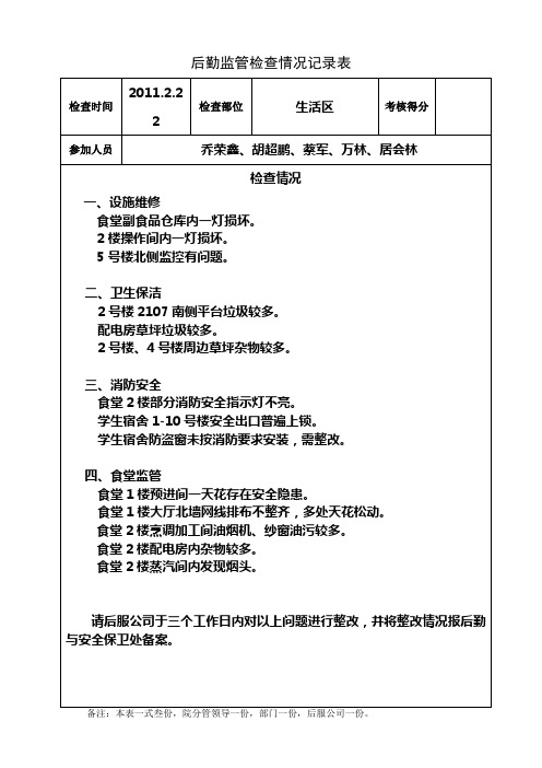 后勤监管检查情况记录表