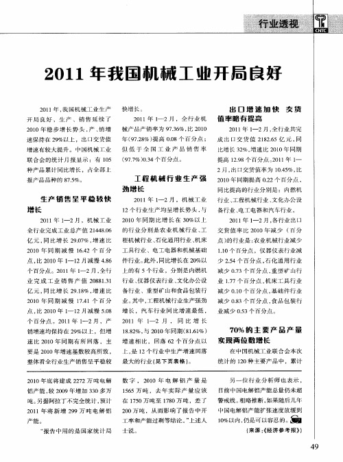 2011年我国机械工业开局良好