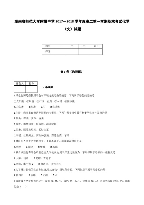 全国各地高中化学试题及解析湖南省师范大学附属中学2017～2018学年度高二上学期期末考试化学文试题