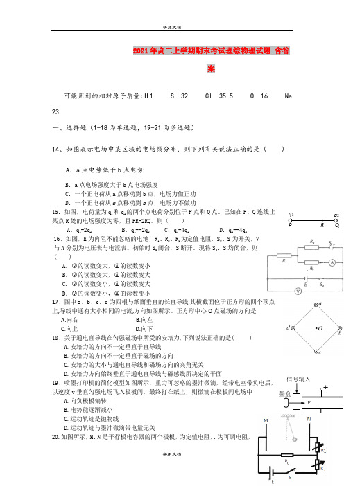 2021年高二上学期期末考试理综物理试题 含答案