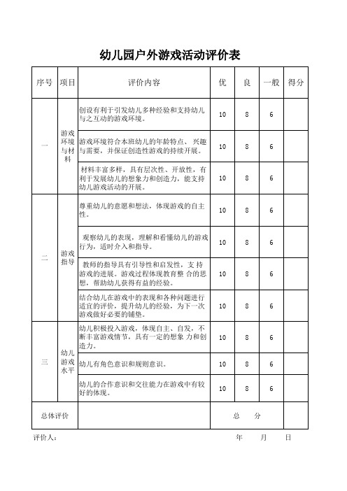 户外游戏活动评价表