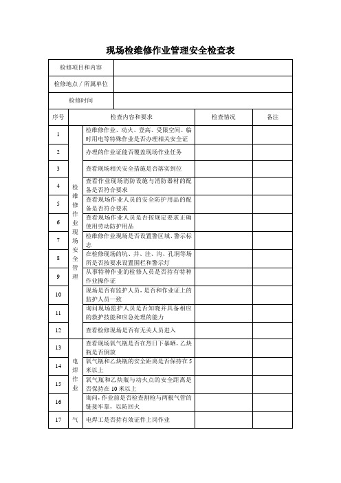 现场检维修作业管理安全检查表