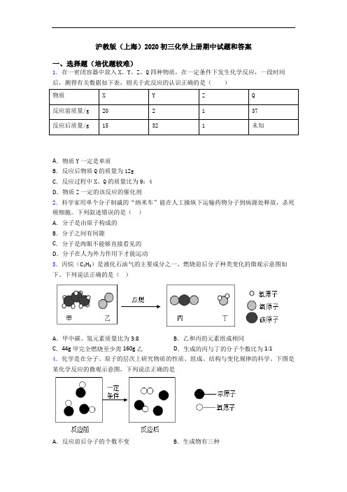 沪教版(上海)2020初三化学初三化学上册期中试题和答案