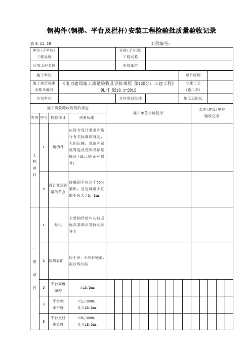 表5.11.19钢构件(钢梯、平台、栏杆)安装检验批质量验收记录