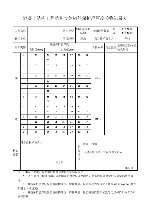 混凝土结构工程结构实体钢筋保护层厚度验收记录表