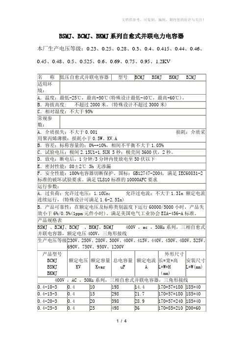 自愈式并联电力电容器参数