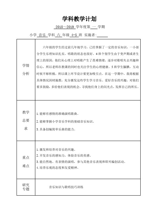 苏少版小学音乐六年级上册教学计划3篇