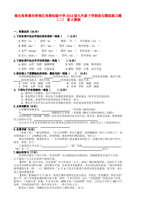 湖北省孝感市孝南区肖港初级中学九年级语文下学期模拟练习题(二) 新人教版