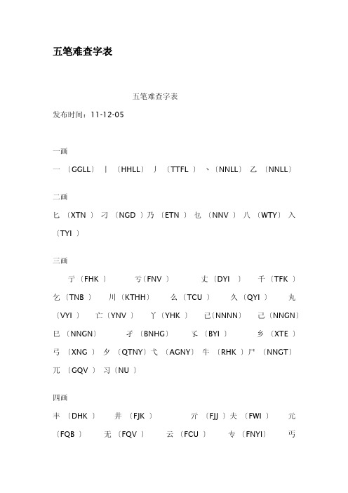 五笔难查字表