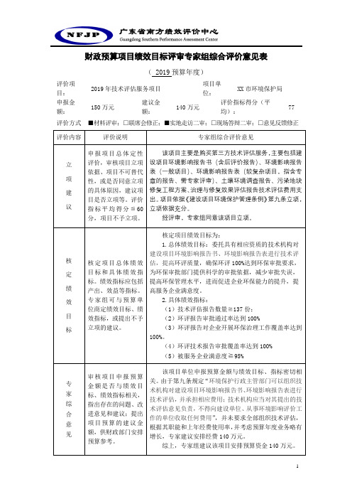 财政预算项目绩效目标评审专家组综合评价意见表(2019预算年度)【模板】