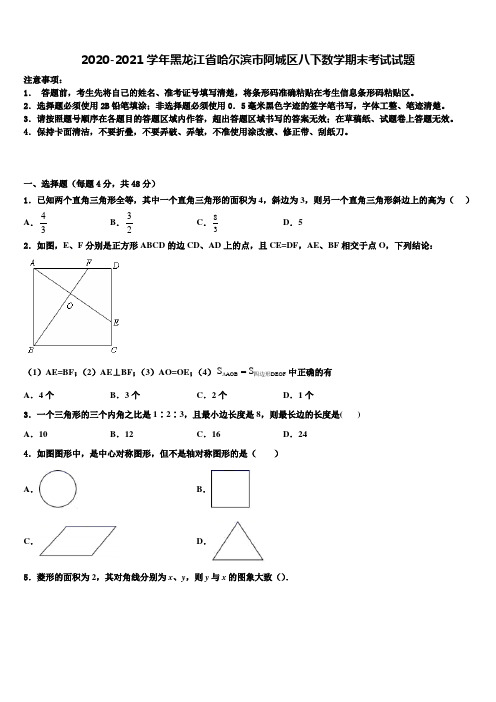 2020-2021学年黑龙江省哈尔滨市阿城区八下数学期末考试试题含解析