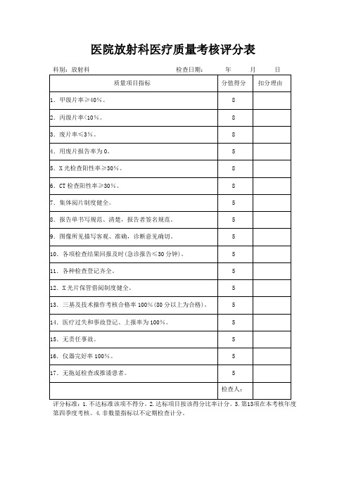 医院放射科医疗质量考核评分表