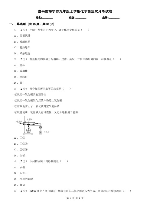 嘉兴市海宁市九年级上学期化学第三次月考试卷