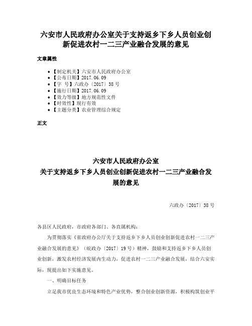 六安市人民政府办公室关于支持返乡下乡人员创业创新促进农村一二三产业融合发展的意见