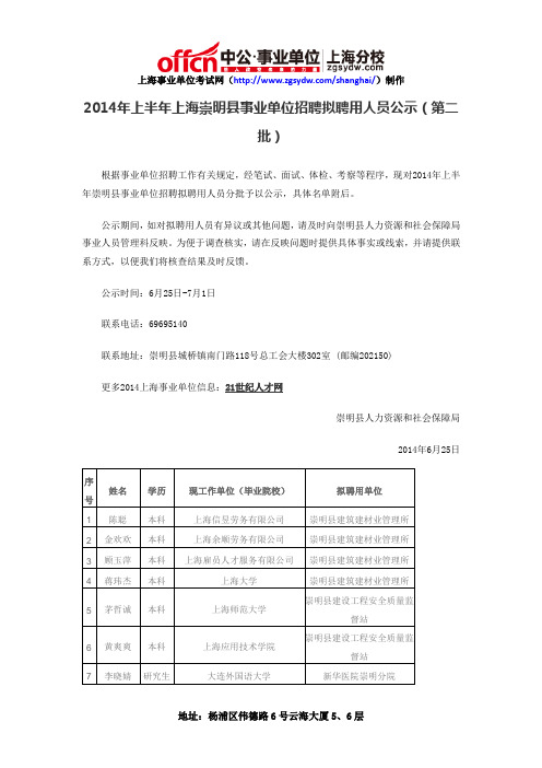 2014年上半年上海崇明县事业单位招聘拟聘用人员公示(第二批)