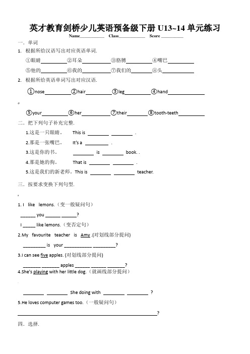 英才教育剑桥少儿英语预备级下册u13-14单元练习