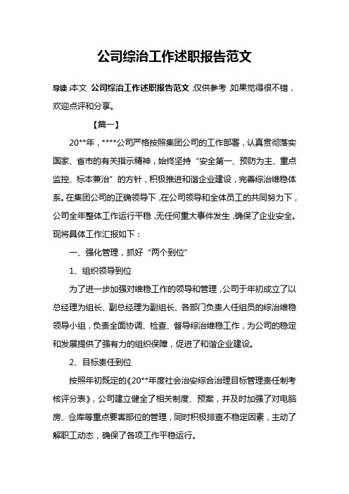 公司综治工作述职报告范文