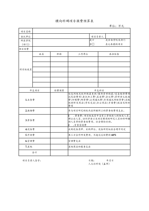 横向科研项目经费预算表