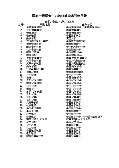 国家一级学会主办的权威学术刊物目录(数理化类)