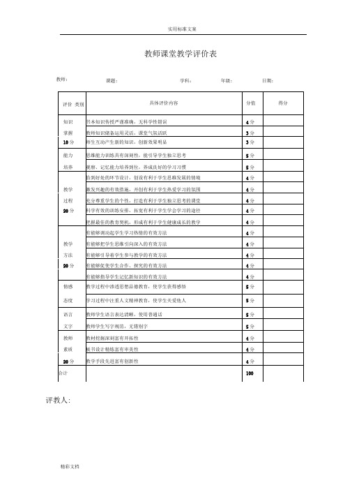 教师课堂教学评价与衡量表(量表)