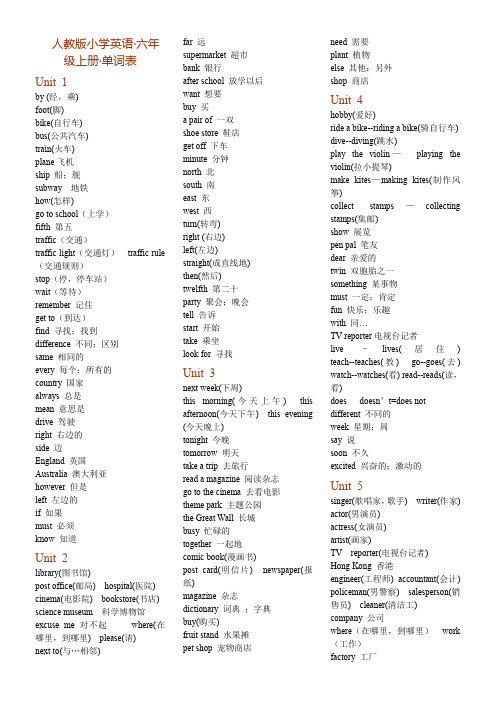 人教版小学英语六年级上、下册单词表